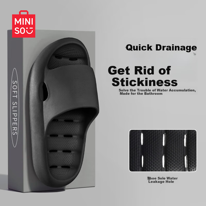 MINISO Slippers for Men, Summer Bathroom Shower Non-Slip Water-Draining Quick-Drying Odor-Free Home Breathable Sandals for Women, Black