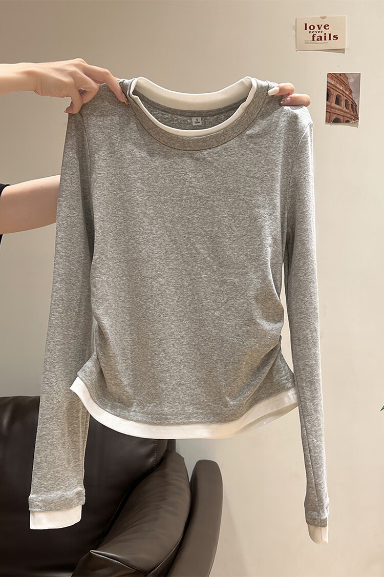 Woodpecker Women's Long Sleeve T-Shirt Round Neck Shoulder Fake Two-Piece Pleated Stretch Slim Waist Base Layer Top Dark Gray 2XL 1