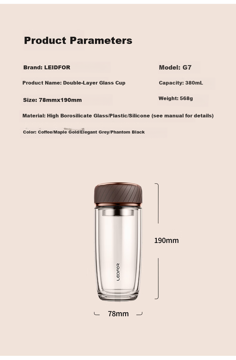 LEIDFOR G7 Double-Layer Glass Cup Maple Leaf Gold 380ml Men's Insulated Water Bottle Mid-Autumn Festival Gift 3