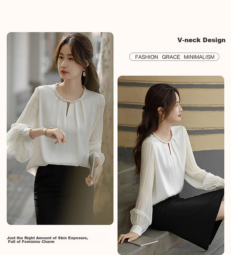 Dme [Selected Satin with Luster Yarn] Spring And Autumn Color-Block Round Neck Knit Strap Blouse, Pleated Patchwork Shirt, Women's Top 5