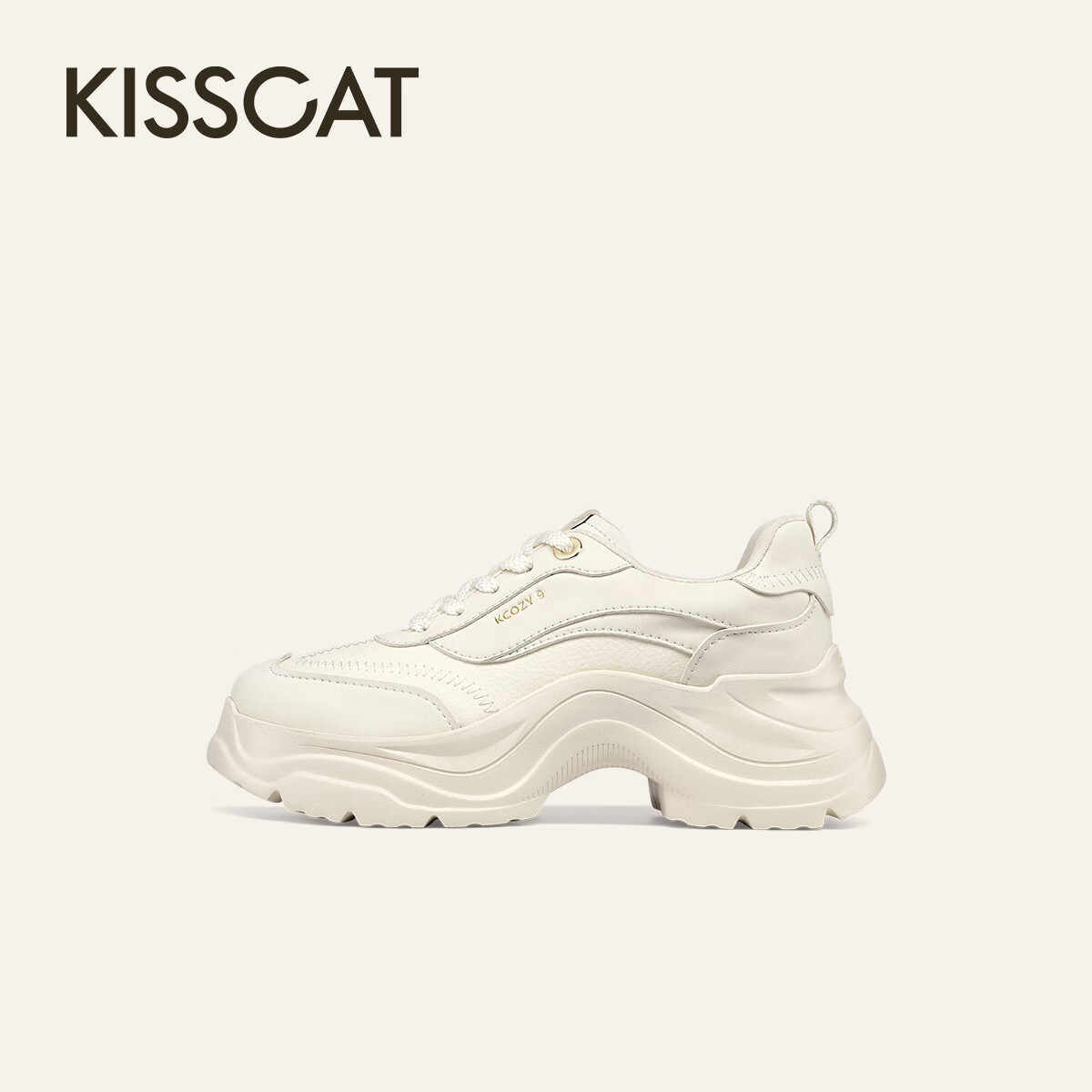 KISS CAT 6.5CM Wind-Chasing Long Leg Shoes 25 New Casual Height-Increasing White Sports Shoes for Women Beige Size 34