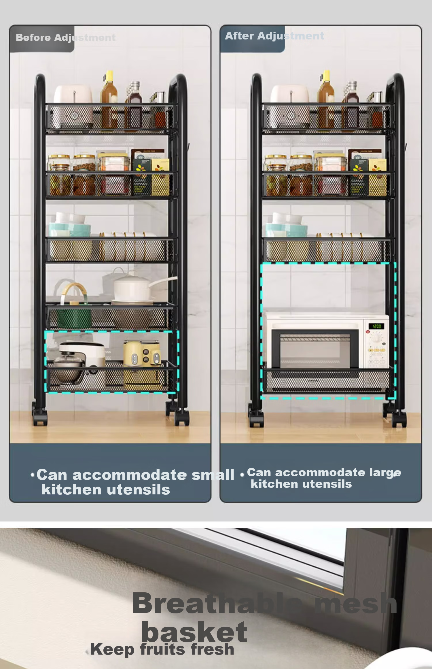 Jiuqiangu Multifunctional Kitchen Storage Rack, Floor-Standing Organizer, Mobile Storage Cart, Vegetable Shelf, Snack Rack 5694 6