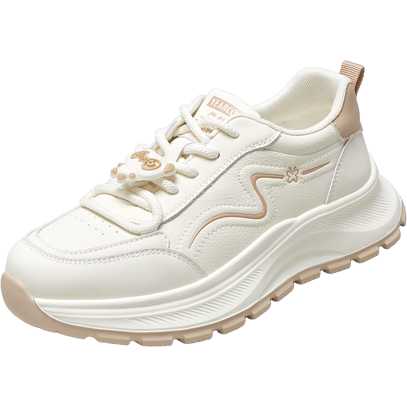 Eierkang Women's Round Toe Thick Sole Height Increasing White Sports Casual Shoes 13402W Beige/Apricot Size 40
