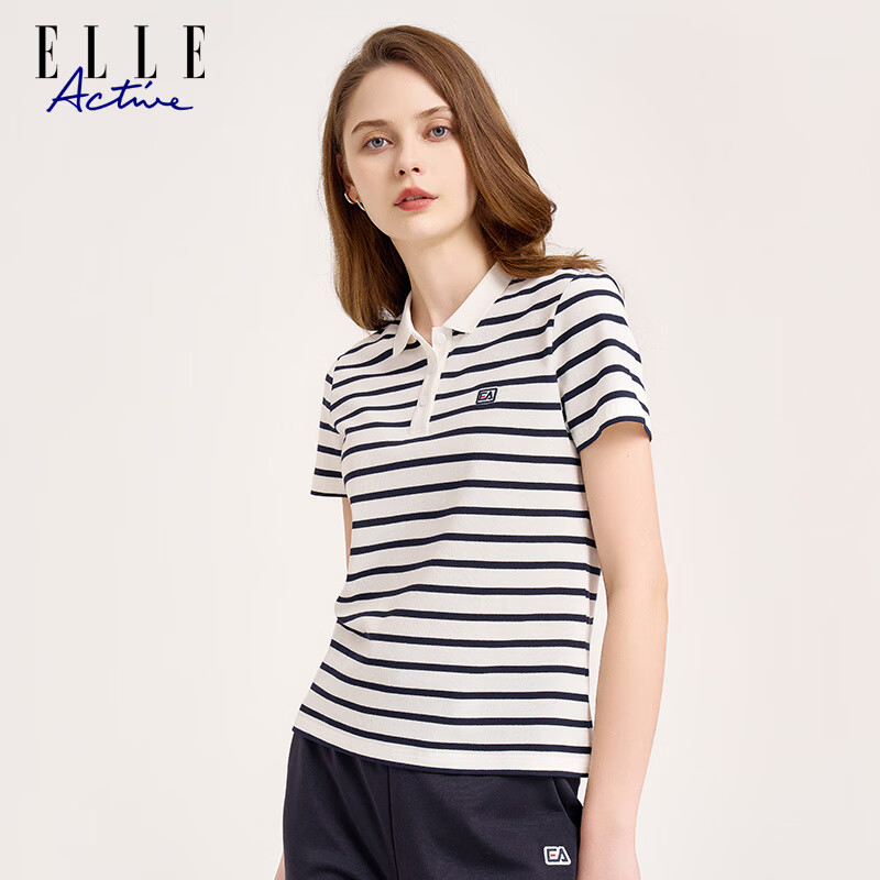 ELLE ACTIVE Vintage Striped Polo Shirt Women's Sports Casual Simple Versatile Comfortable Short Sleeve T-Shirt White/Navy M