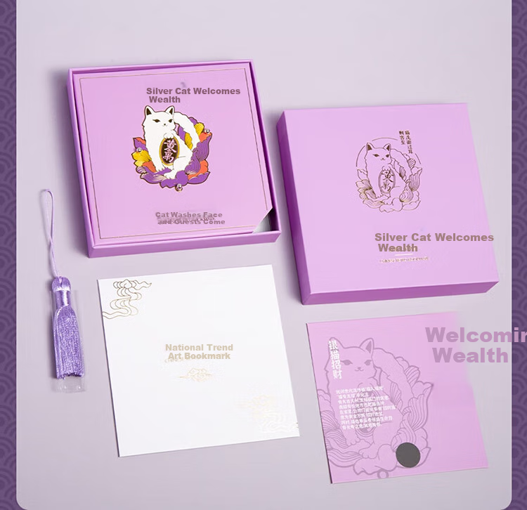 TIANSE Lucky Cat Brass Bookmark Gift Box, Chinese Style Vintage Palace Cultural And Creative Gift for Teachers, Souvenir, Birthday Present TS-5909 Silver Cat Lucky Charm 10