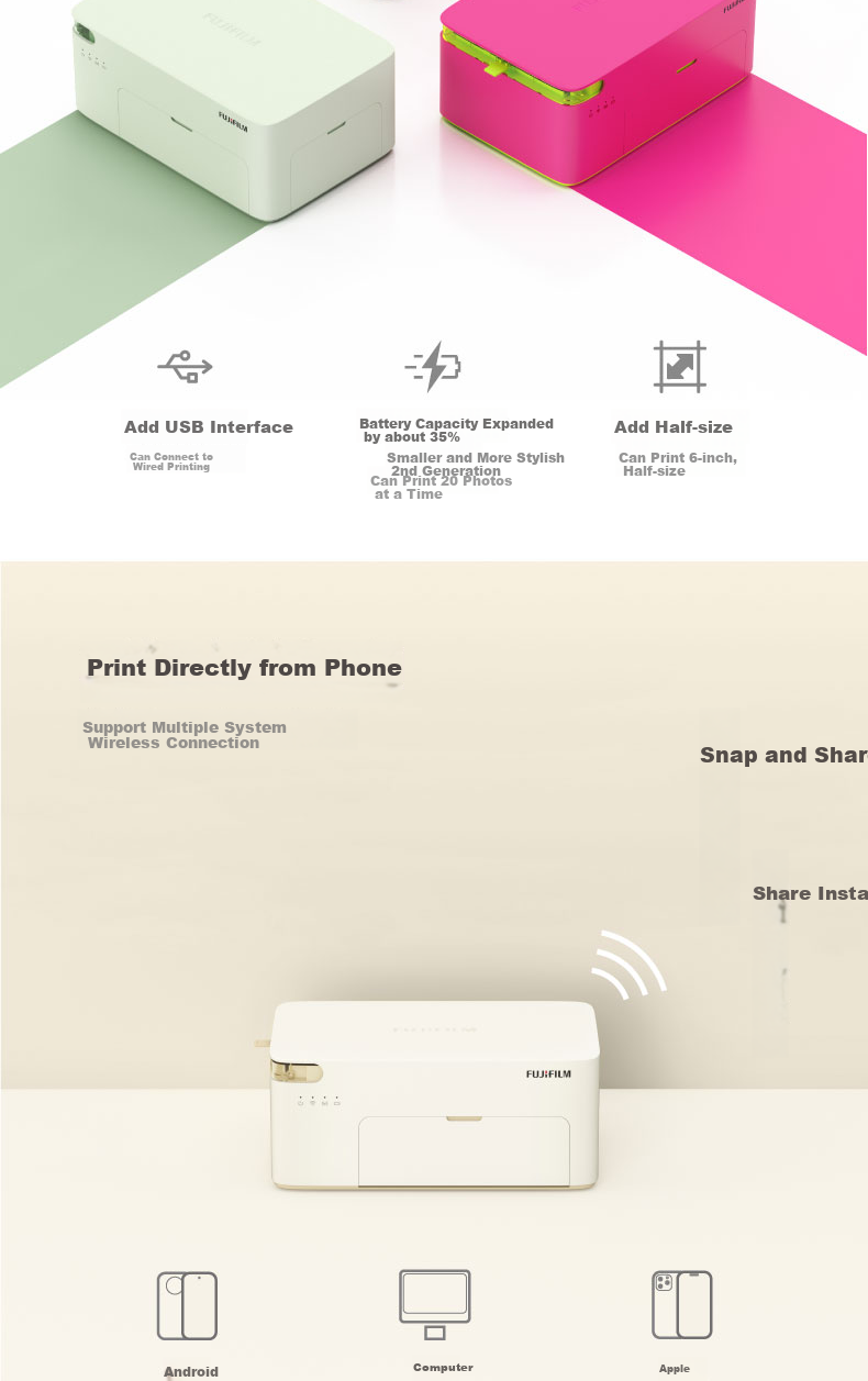 FUJIFILM Xiaoqiao Yin 2pro Photo Printer Gift Box, Cream White + 40 Sheets of Photo Paper + Home Wireless Portable Thermal Transfer 4