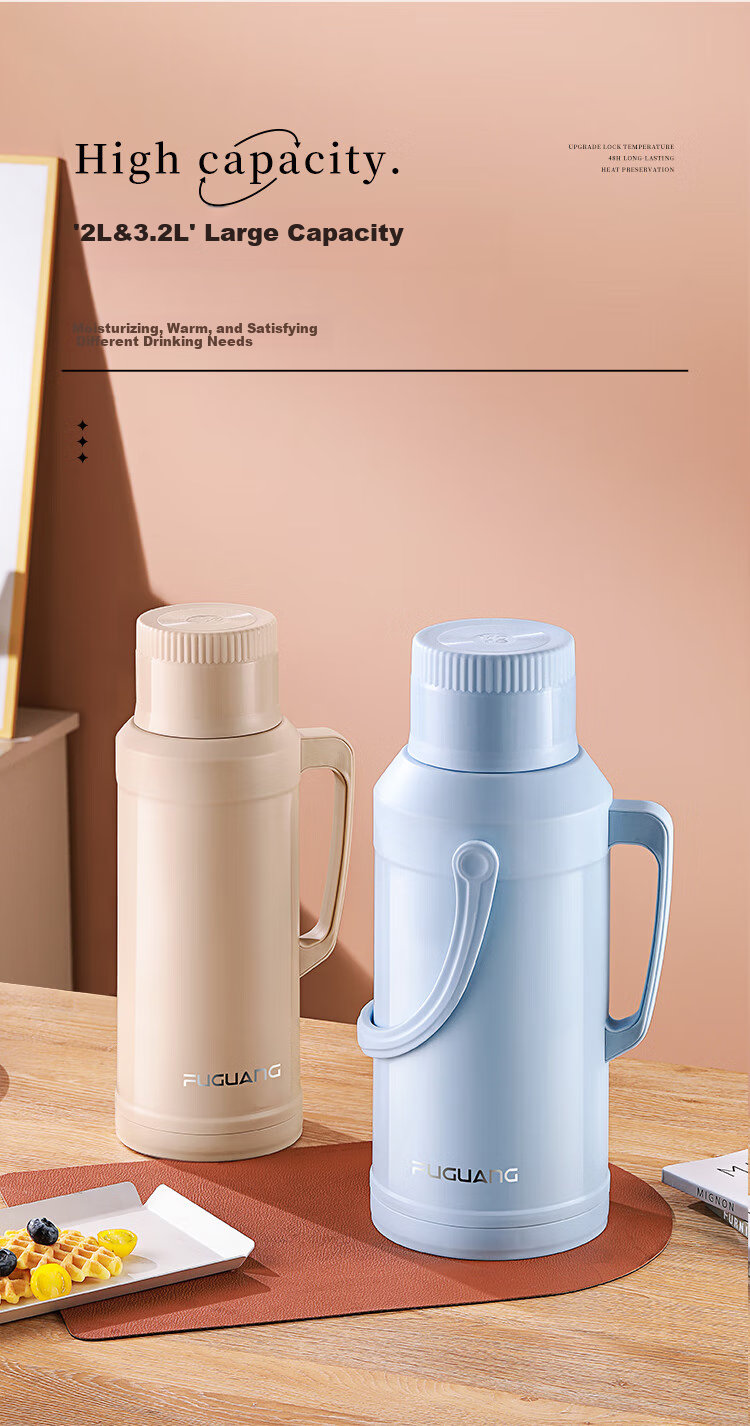 FGA Fuguang Insulated Bottle with Glass Inner Liner, Large Capacity Hot Water Thermos for Home, Dormitory, Office, Tea Bottle, 2L 3