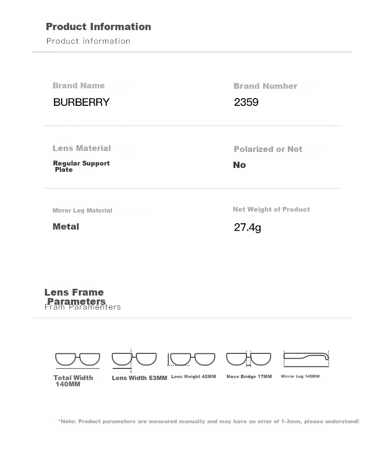 BURBERRY Prescription Eyeglass Frames, BURBERRY Optical Frames, Semi-Rimless Glasses Frame, Unisex Style 2359 3001 2