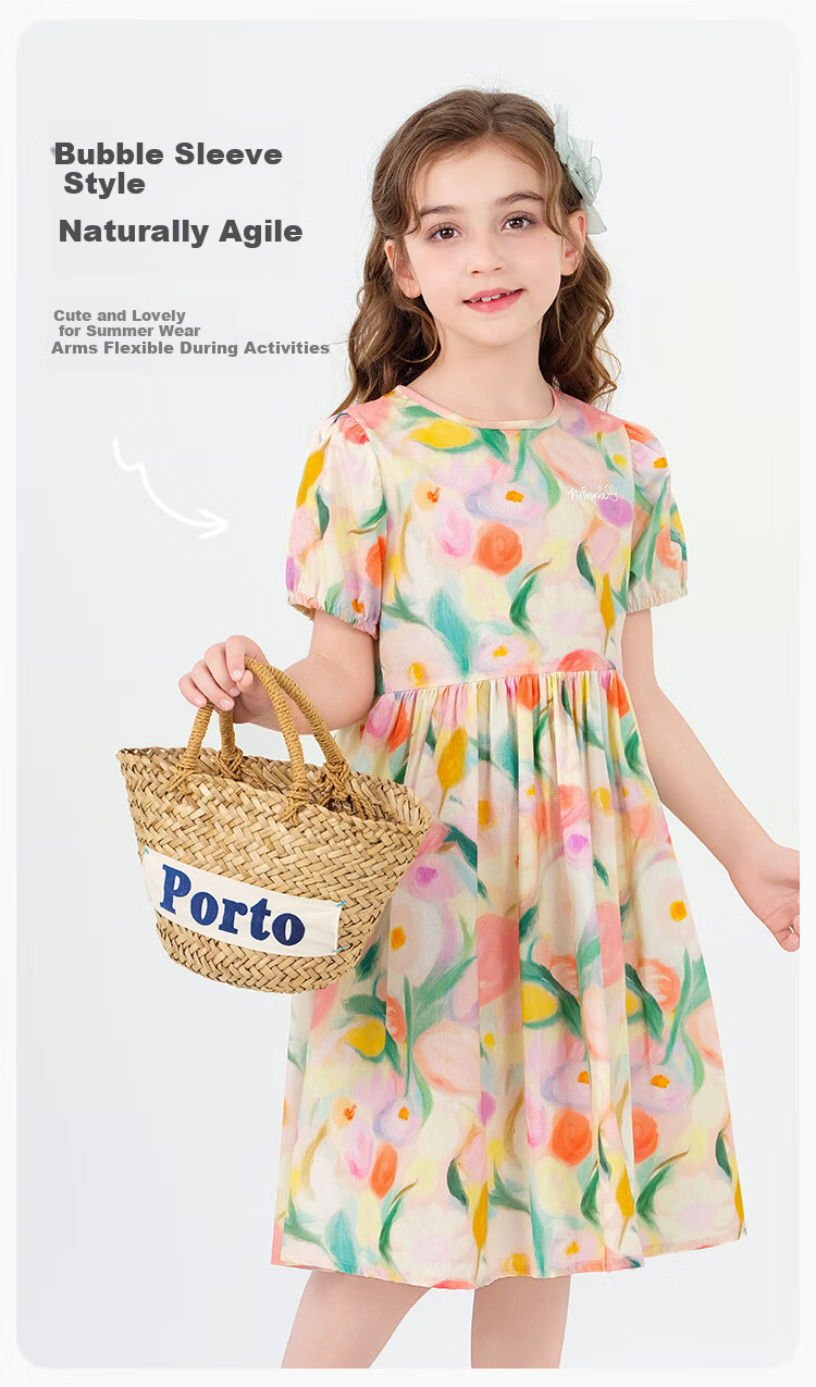 Disney Summer Cotton Dress, 2026 New Style, Girls' Printed Floral Princess Dress, Dream Pink, Size 160 7