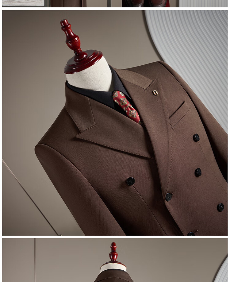 ROMON Men's Wool Suit Set Business Wedding Formalwear Brown Coffee M (Blazer + Vest + Trousers) 20