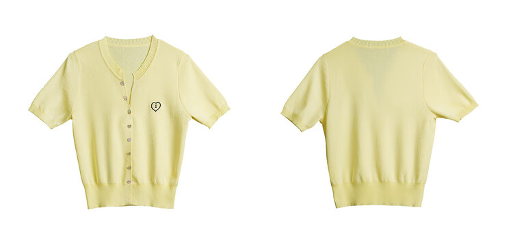 Olrain Heart Embroidered Knit Cardigan Women's Summer V-Neck Short Sleeve Top Yellow XL 20