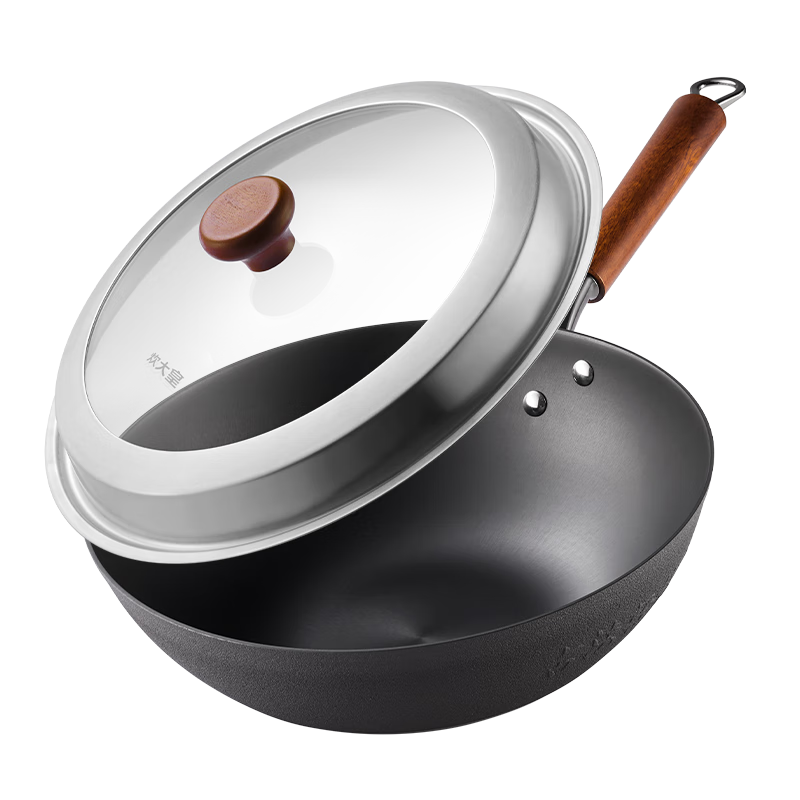 COOKER KING Cast Iron Wok, Traditional Non-heritage Light Cast Iron Pan, Household Flat-Bottom Stir-Fry Pan, 32cm FY32CG