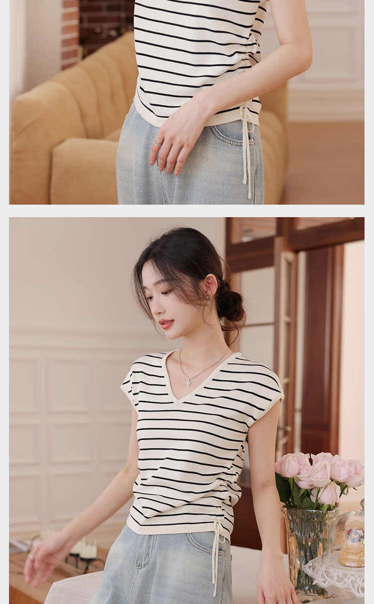 Langsha Women's Striped Short Sleeve T-Shirt Summer New Slim V-Neck Drawstring Top Simple Fashion Ice Silk Knitwear 14
