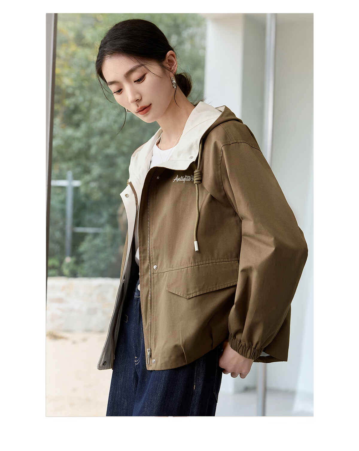 Chushen Spring and Autumn Casual Women's Jacket Fashion Hooded Color-Block Loose Versatile Mountain Style Coat S53D046 10