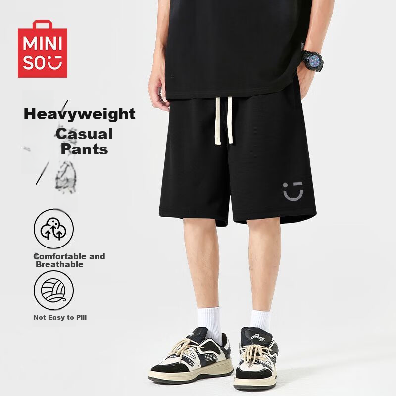 MINISO Men's Summer Casual Straight Fit Versatile Heavyweight Loose Over-the-Knee Shorts Z Dark Gray M