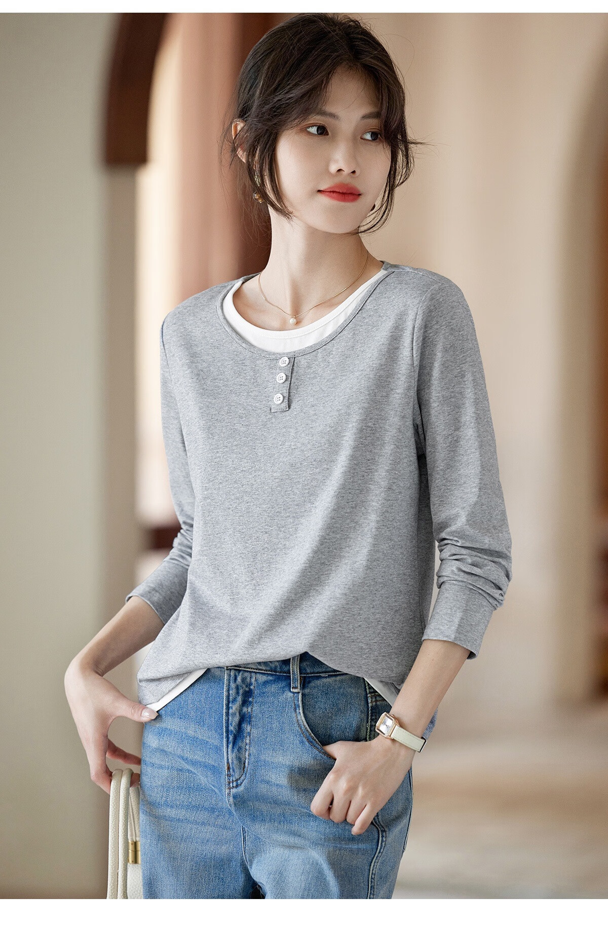 Taxiang Long-Sleeve T-Shirt for Women, Fashionable Faux Two-Piece Top, Round Neck, Versatile for Commuting, Slimming Base Layer, Women's T-Shirt T53T094 9