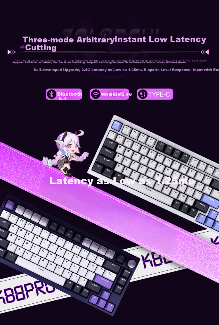 Colorful KB8PRO81 Mechanical Keyboard, Wireless Bluetooth Tri-Mode Connection, Yijin IP Aluminum Block, Customizable E-Sports Gaming Keyboard, Meteor Purple, Quiet Yellow Switches 10