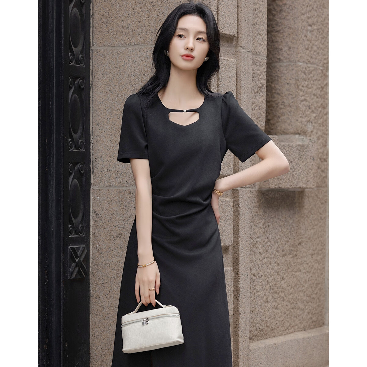 Dme [Black Spade Contract] Summer Elegant 250G Cotton-Like Breathable Layer Round Neck Waist-Cinching Side Slit Women's Dress