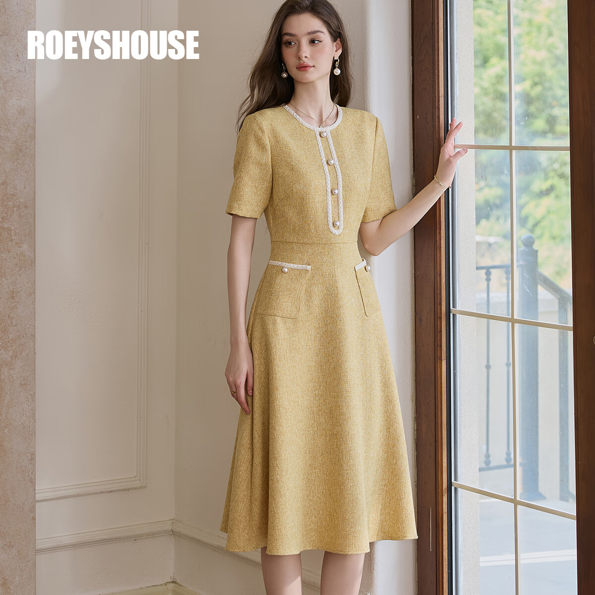 ROEYSHOUSE Elegant Waist-Cinching Flared Dress, Summer Style, Chanel-Inspired Mid-Length Dress 11594, Yellow, S