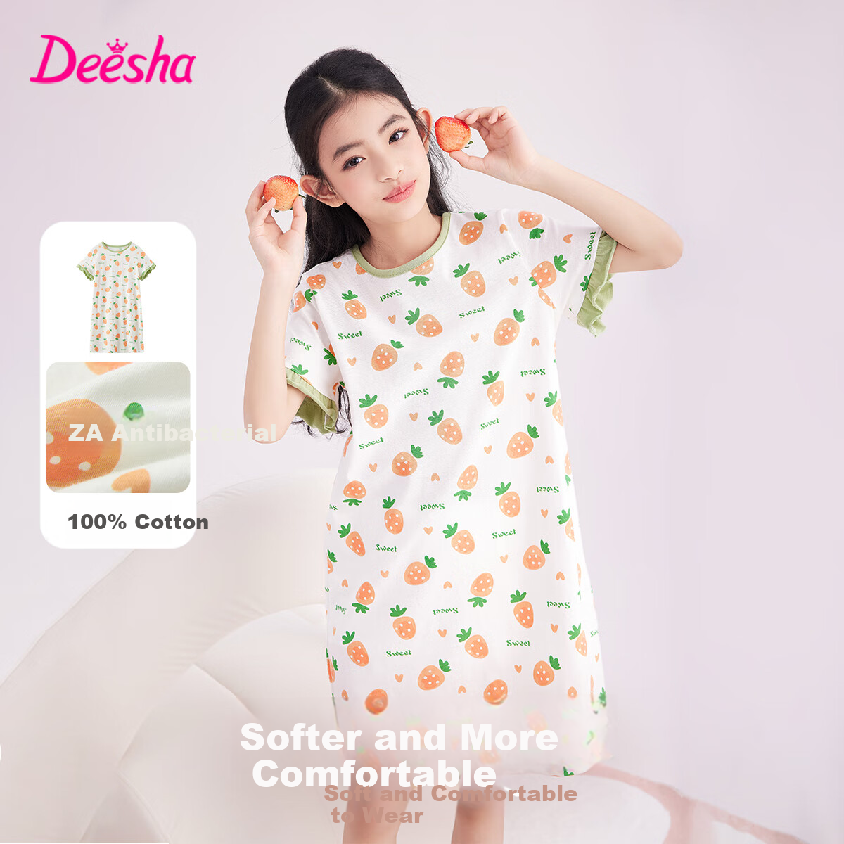 DEESHA [7A Antibacterial] Girls' Nightgown, Princess Style, Pure Cotton, Lightweight And Breathable, for Summer, Suitable for Older Children, One-Piece Dress
