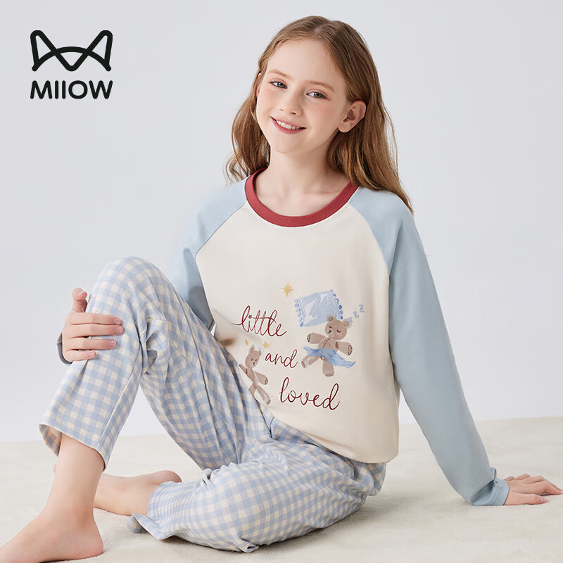 Комплект детской пижамы MiiOW для девочек, весна-осень, 100% хлопок, с длинным рукавом и штанами, с милым принтом медведя, размер 160