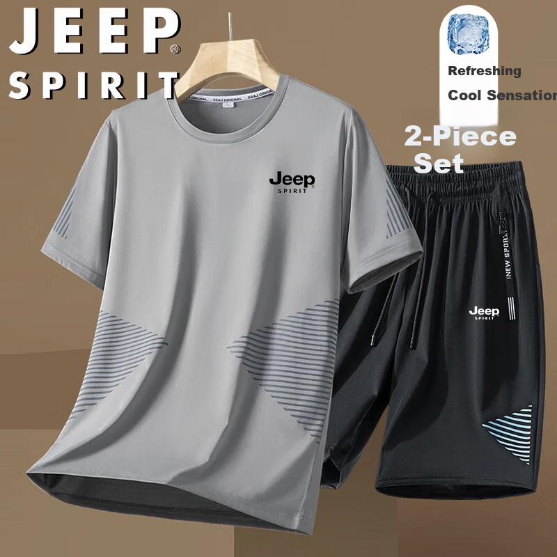 JEEP SPIRIT Men's Short-Sleeve T-Shirt, Summer Half-Sleeve Top And Shorts Set, Ice Silk Breathable Two-Piece Suit, Light Gray, XL