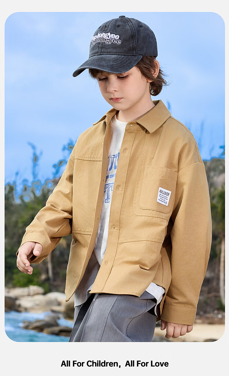 ASK JUNIOR Pure Cotton Children's Shirt 2026 Spring Lapel Long Sleeve Boys Shirt Jacket for Older Kids and Teens 18