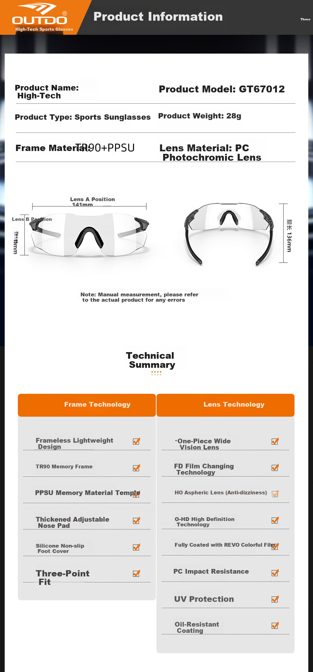 OUTDO Sports Glasses, Running Glasses for Men And Women, Cycling Marathon Day And Night Dual-Use Sunglasses GT67012 13