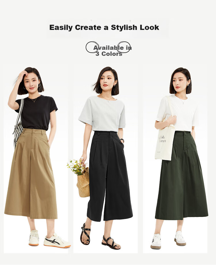 Giordano Women's Cropped Pants, Summer New Style, Pure Cotton Pleated Wide-Leg Pants, Semi-Elastic Waist, Thin Skirt Pants, 05425328 8
