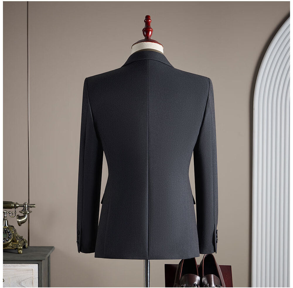 ROMON Men's Suit Set (Blazer + Vest + Trousers) Professional Formal Wool Coat Navy Blue 4XL 3