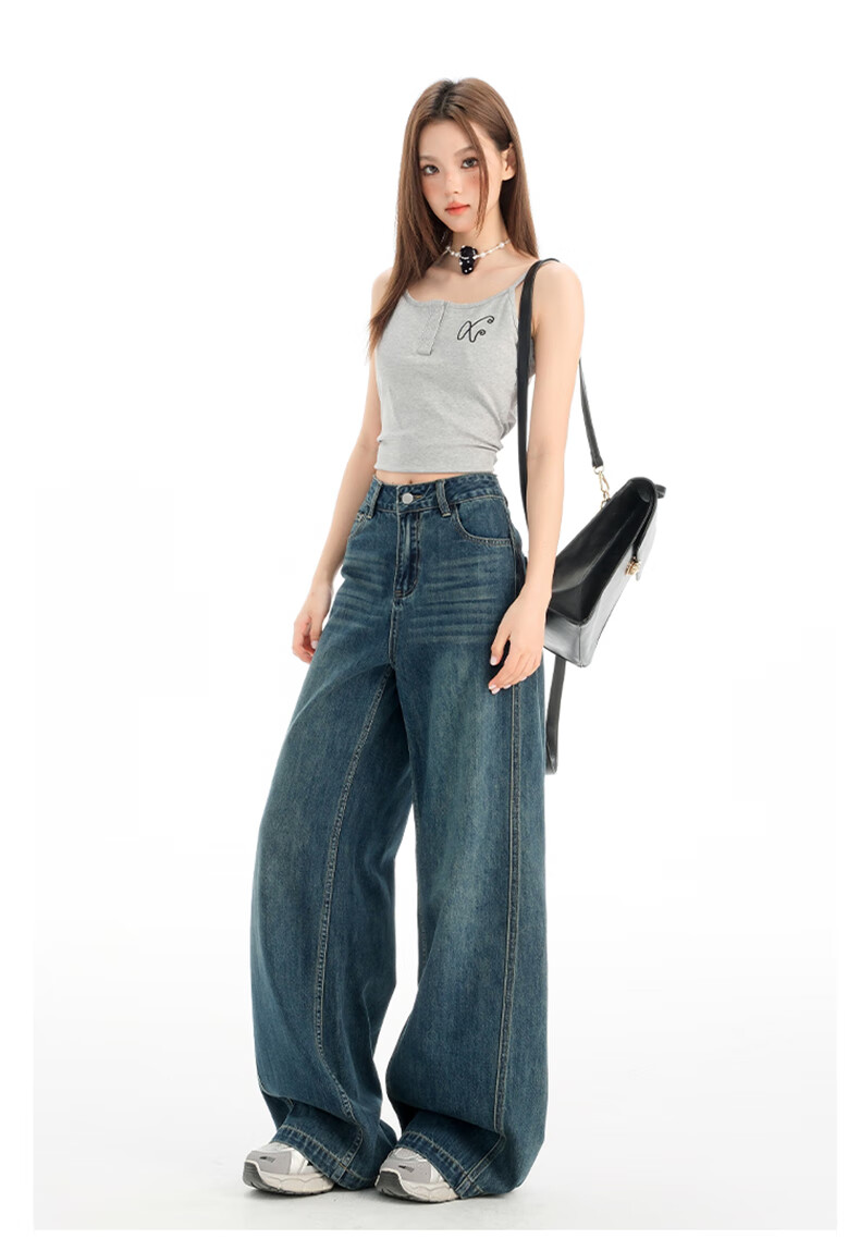 Jeanswest Women's Summer Wide-Leg High-Waist Loose Draped Slimming Floor-Length Straight-Leg Vintage Blue Jeans L 8