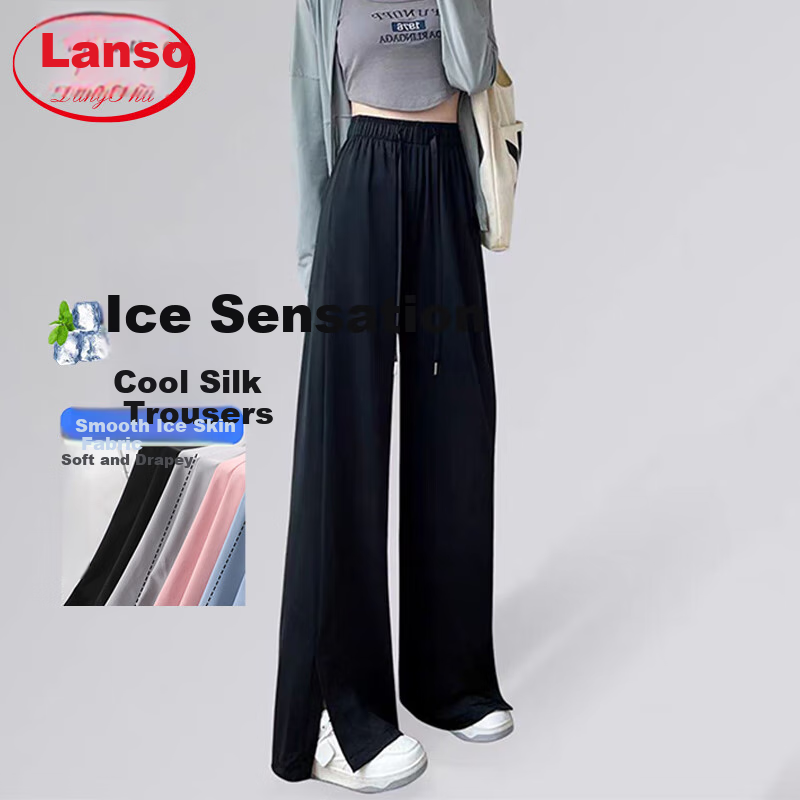 LangSha Ice Silk Wide-Leg Pants for Women, Summer Lightweight High-Waist Draping Loose Casual Straight-Leg Slimming Side-Slit Sports Sun Protection Women's Trousers