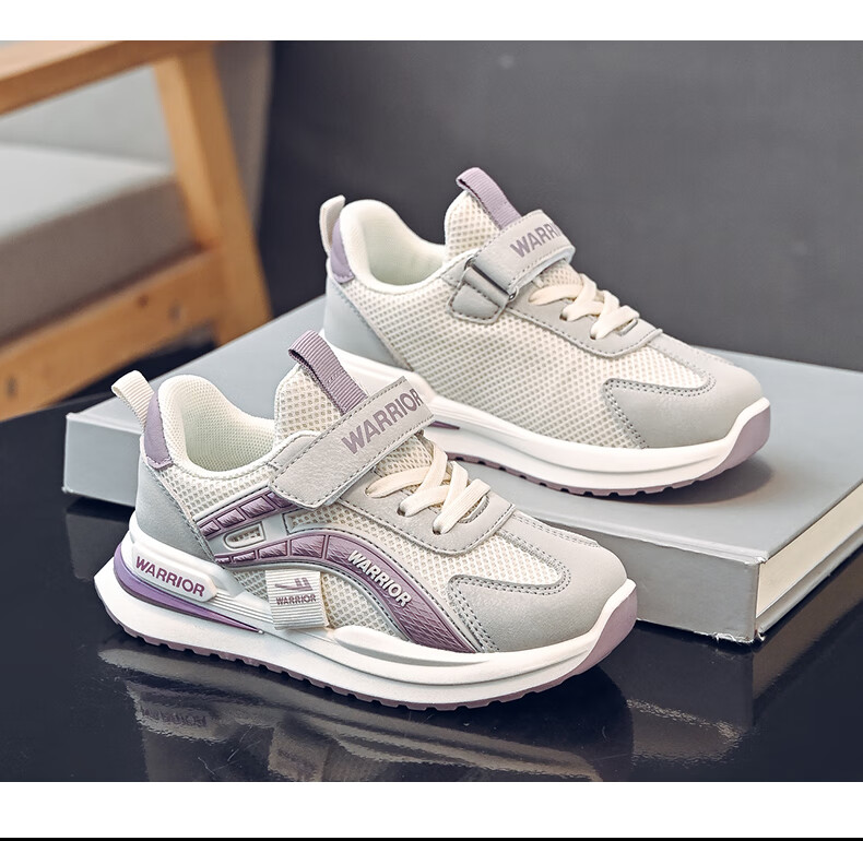 Warrior Girls' Spring and Autumn Sports Shoes Casual Breathable Running Shoes WZ(CL)-1027 Beige/Grey/Purple Size 29 11