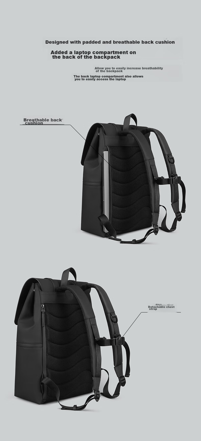 GASTON LUGA Men's Backpack, 16-Inch Large Capacity Laptop Bag, Versatile Travel Backpack, Trendy Bookbag, Valentine's Day Gift, Elegant Black 5