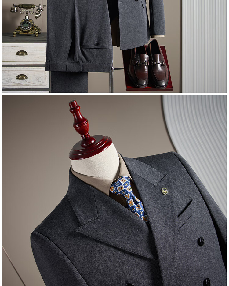 ROMON Men's Wool Suit Set Business Wedding Formalwear Brown Coffee M (Blazer + Vest + Trousers) 12
