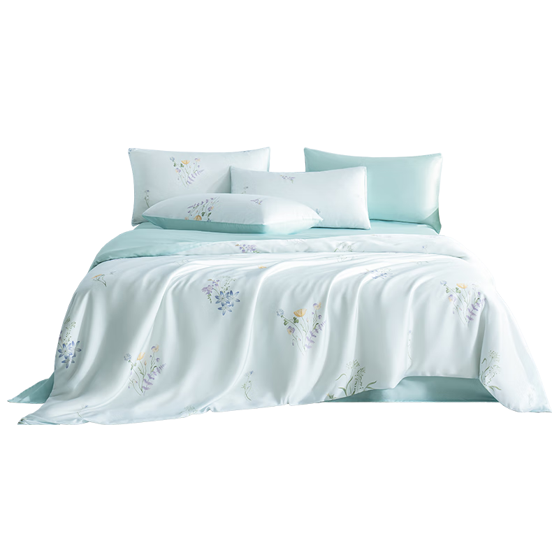 JD Original Imported Lanjing Tencel Four-Piece Bedding Set, 60-Count Lyocell Summer A-Class Bedding Ice Silk Set with Duvet Cover And Bedsheet, for 1.5-Meter Bed, Light Blue