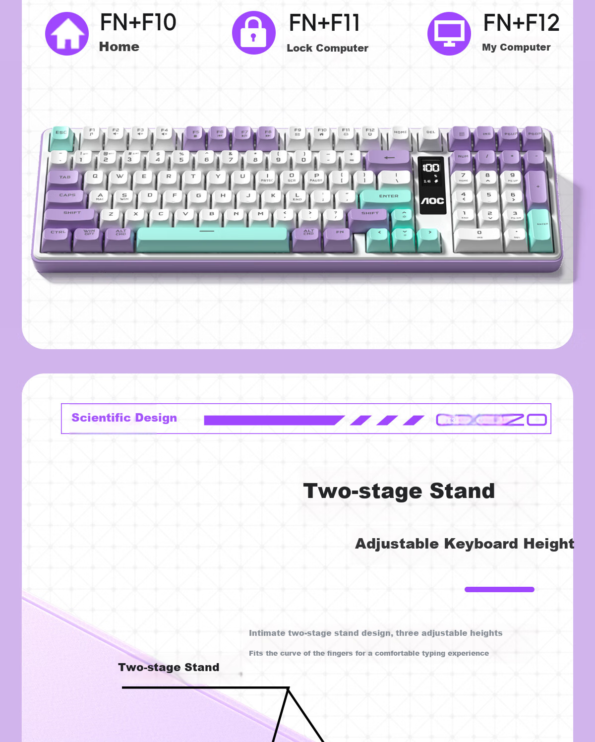AOC GK320 Wireless Bluetooth Wired Tri-Mode Keyboard, Display Mechanical Feel RGB, Quiet Keyboard, Mac Computer Keyboard for E-Sports Gaming, Navy Blue Dream 10