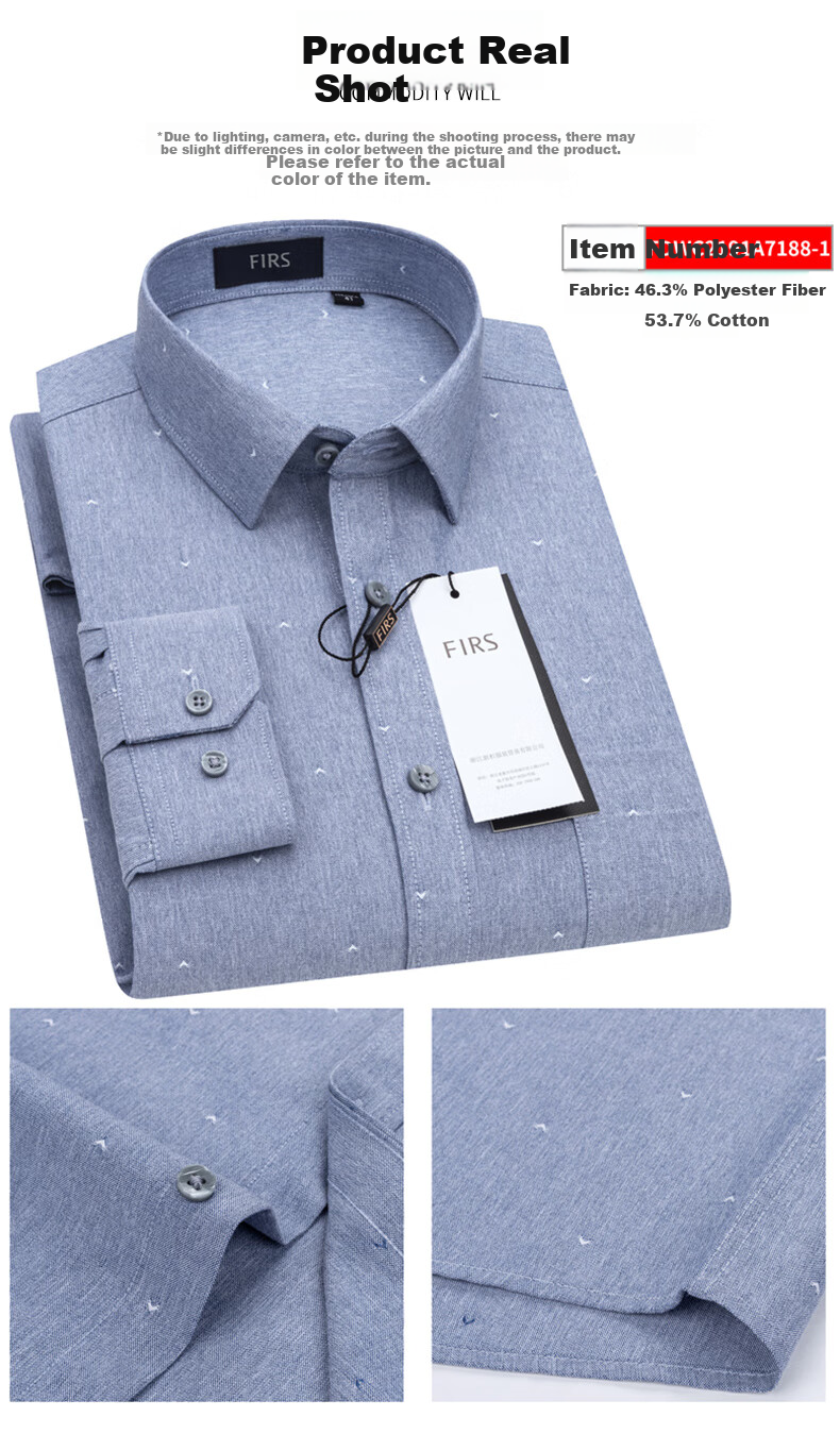 FIRS Long-Sleeve Shirt for Men, Autumn Business Casual Formal Wear, Style 7188-2 Blue (Long Sleeve), Size 38 5