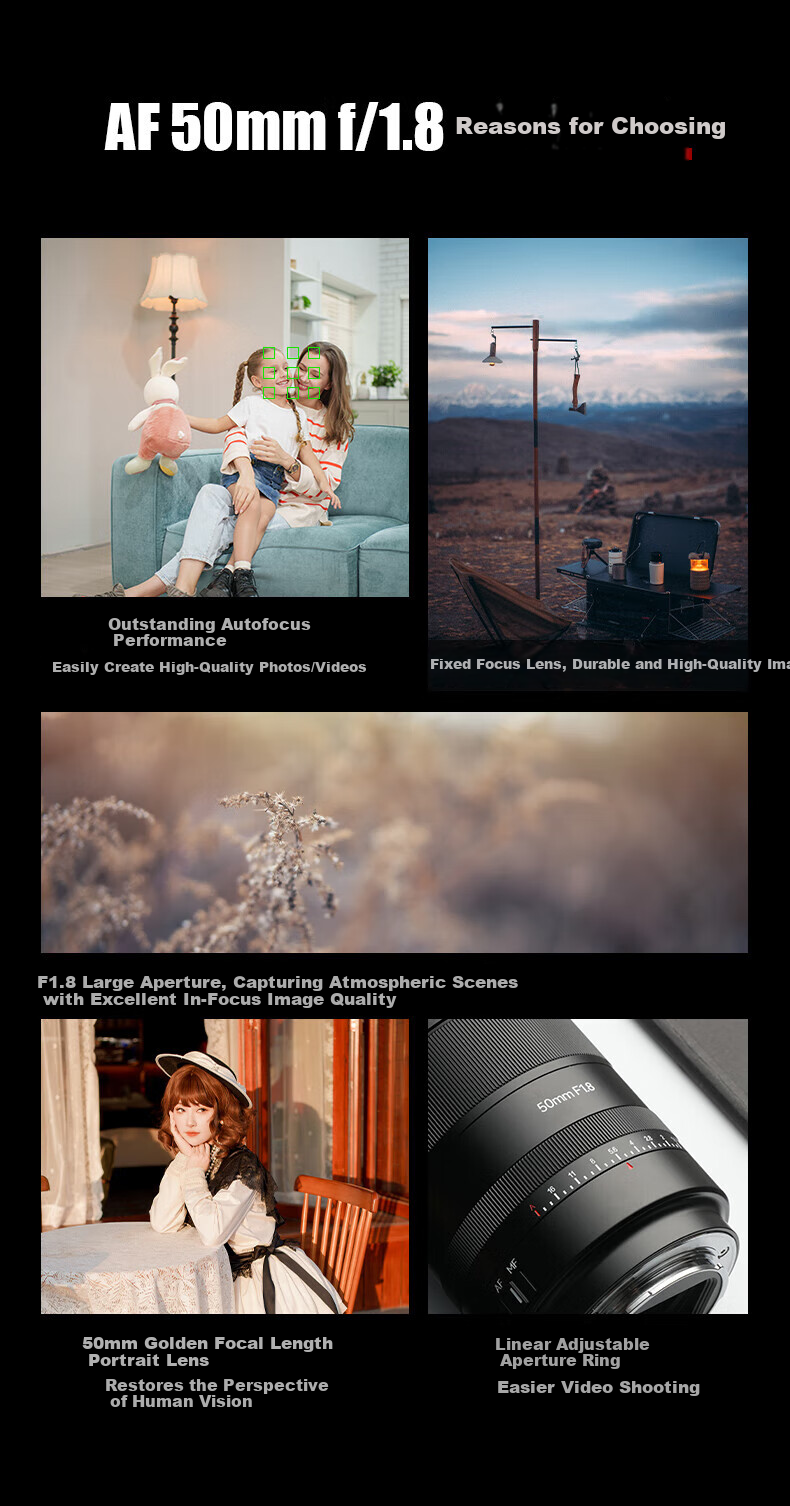 Qigongjiang Sony Prime Lens, E-Mount, Black, AF50mmF1.8 (Auto Focus), Full-Frame Auto Focus Lens, Suitable for A7m4 ZV-E10 II, A7c2 2