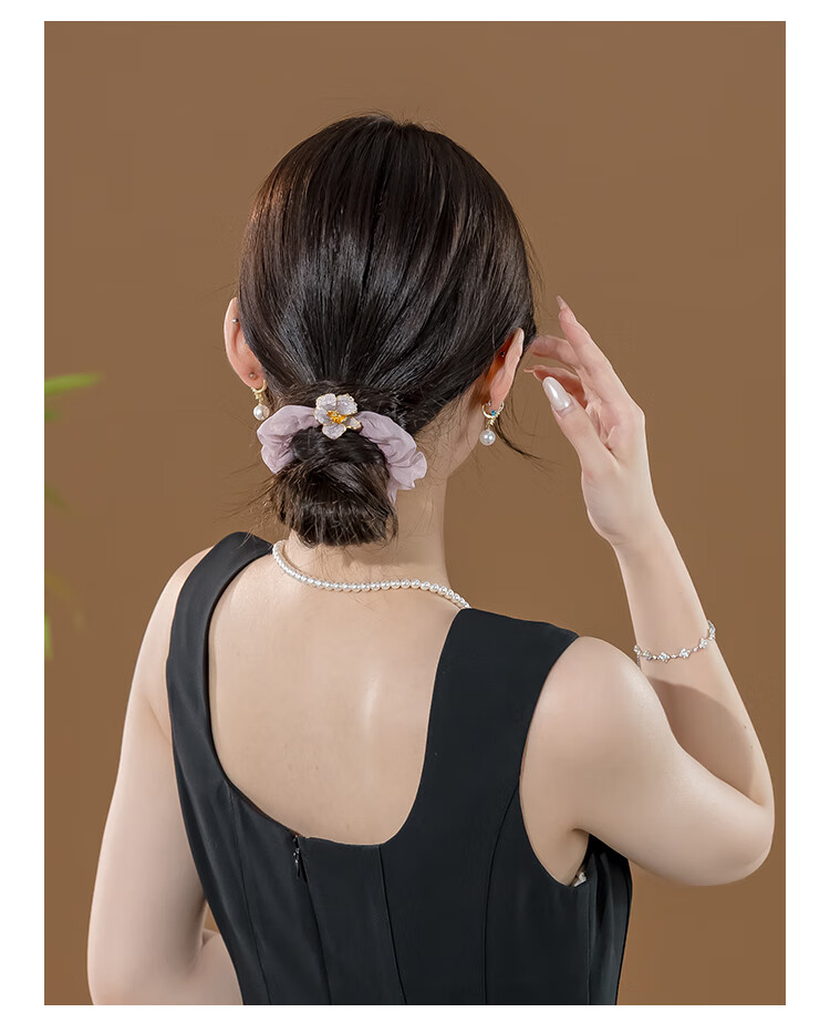 CHIMERA Purple Rhinestone Flower Hair Tie, Silk Ribbon Fairy Hair Band, Ponytail Hair Elastic, Mid-Autumn Festival Gift for Wome 3