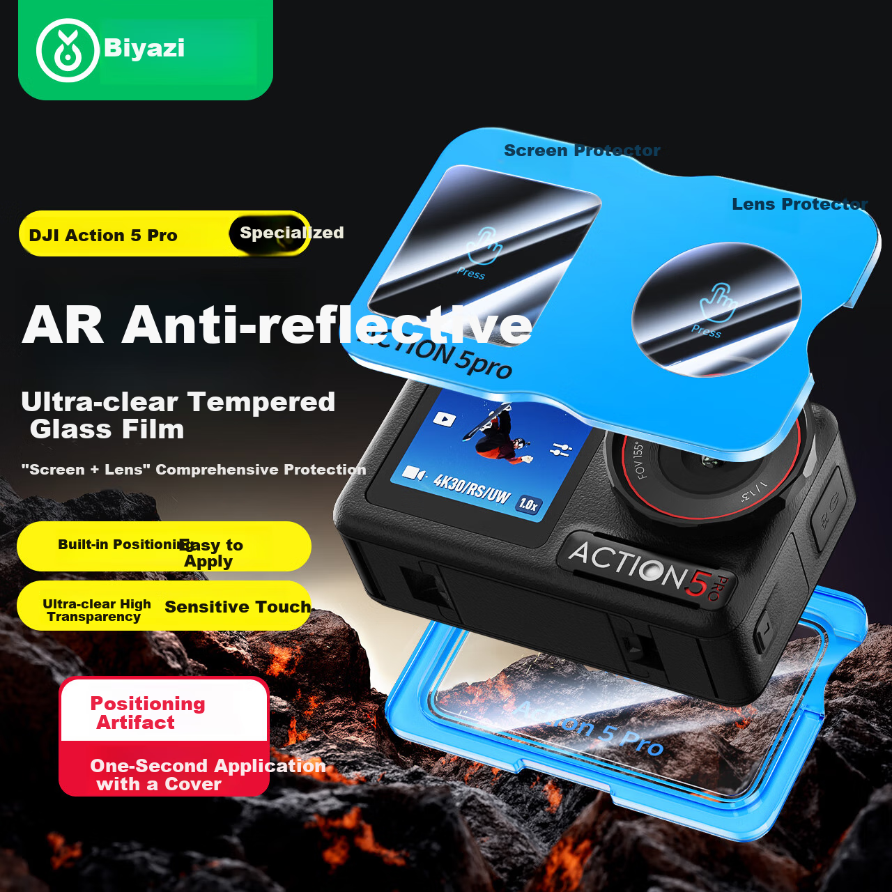 BIAZE [Instant Application Tool] Compatible Tempered Glass Screen Protector for DJI Action 5 Pro, AR Anti-Glare Film, Screen Protection Film for Action 5 Pro Body, Compatible with Rabbit Cage Version JS28