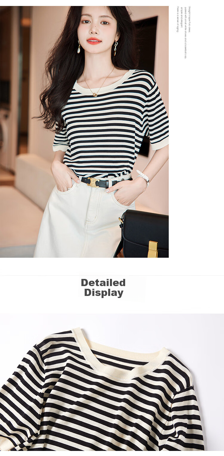 Dme [Hyperbolic Ice Linen Sweater] Summer Round Neck Short Sleeve Striped Knit Top for Wome 11