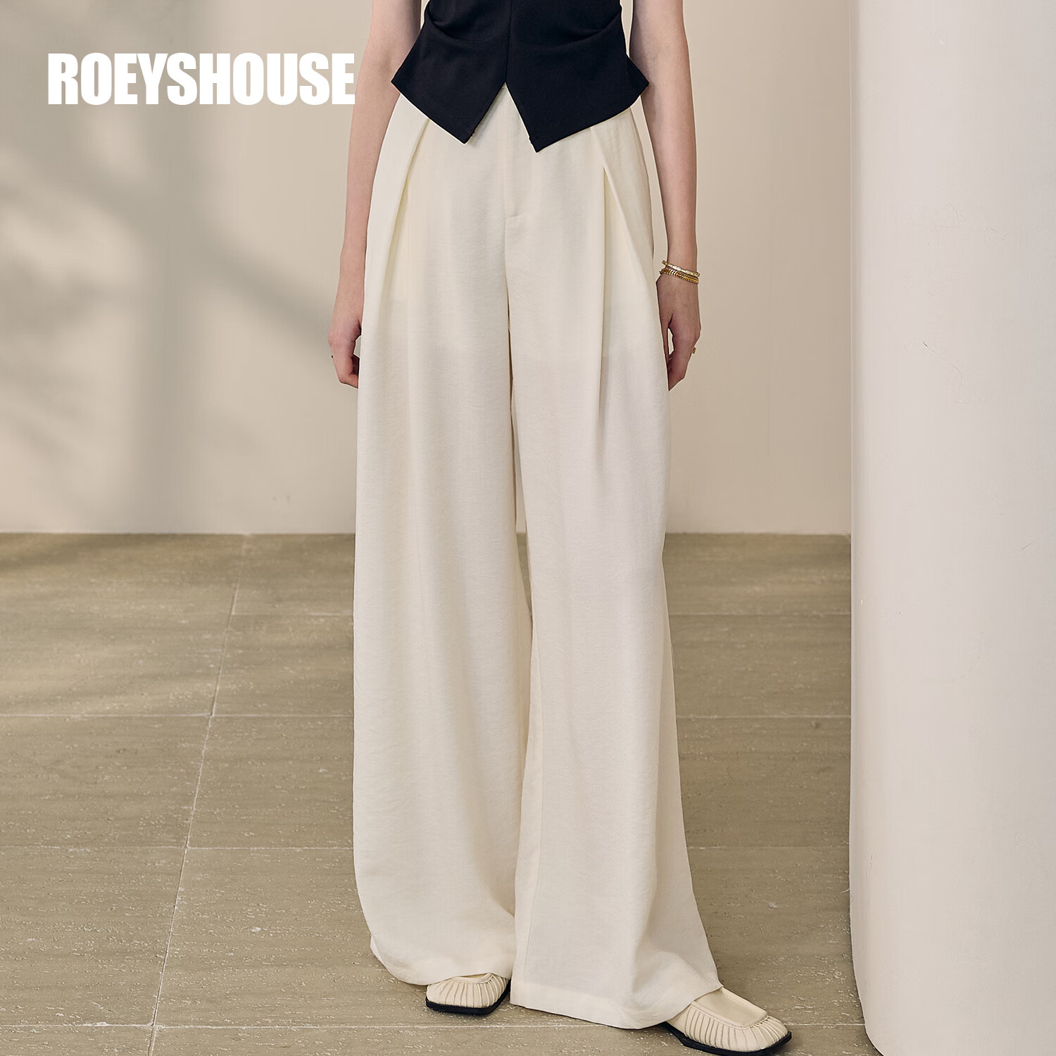 ROEYSHOUSE Women's Summer High-Waist Linen Casual Wide-Leg Pants 12289 Off-White 2XL