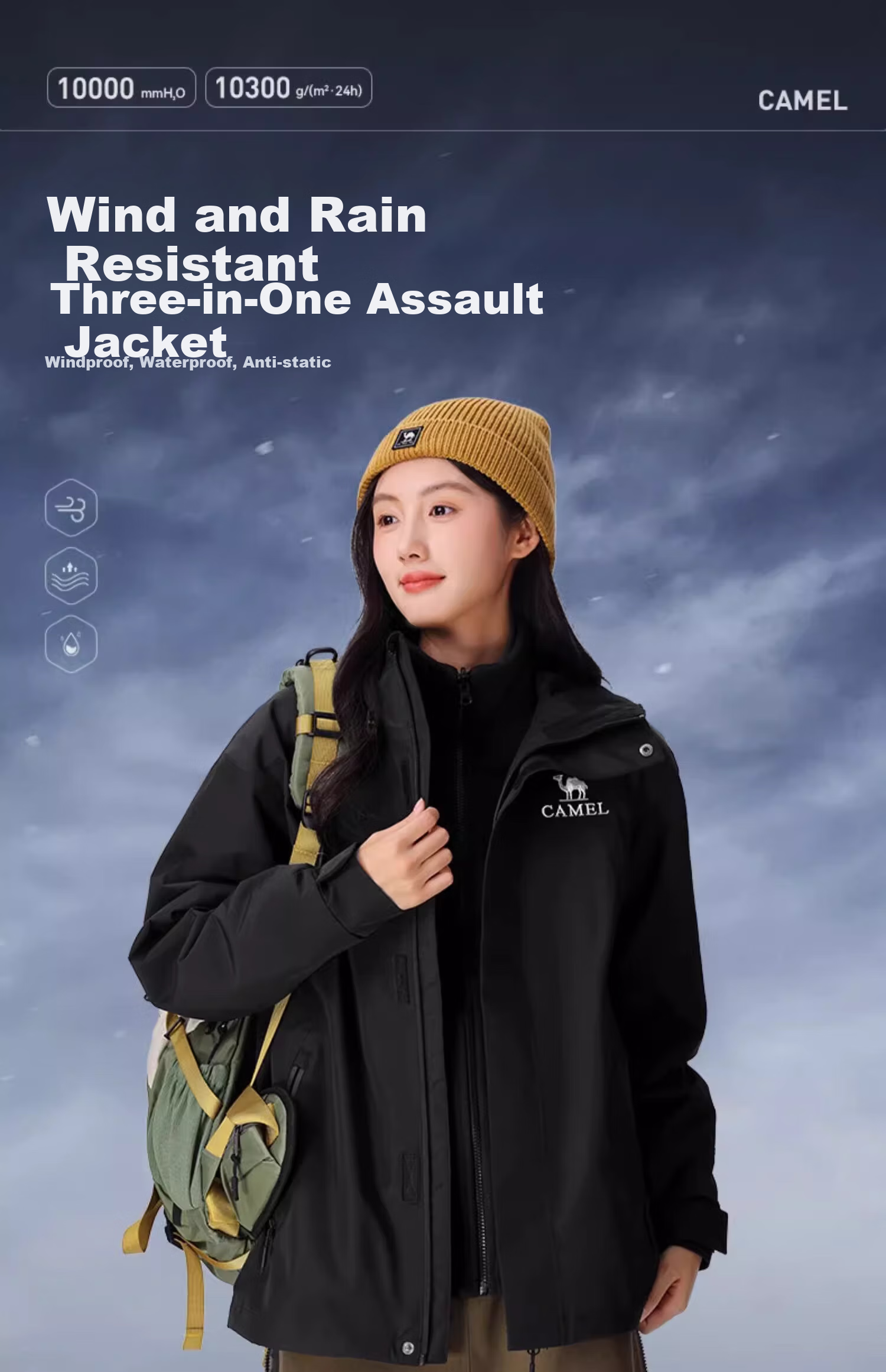 CAMEL Women's Three-In Jacket, Casual Outdoor Windproof And Waterproof Mountaineering Coat, 734CATG614, Phantom Black, Size S 1