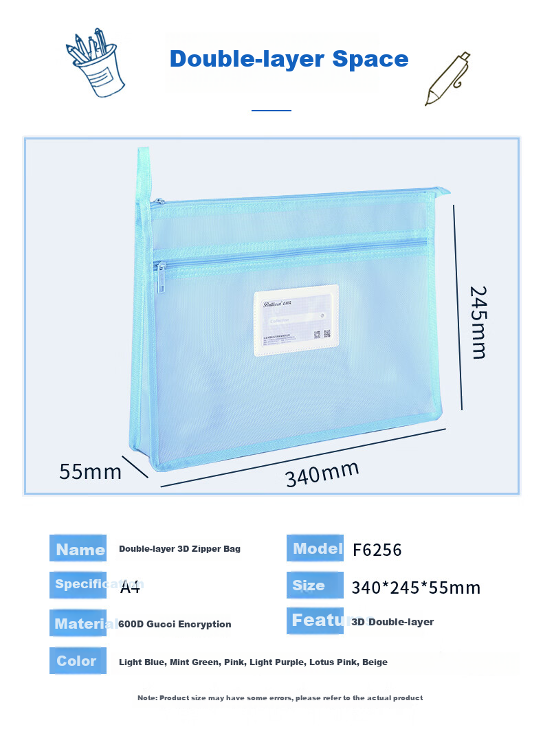 Bailiwen F6256 Blue-Green 3-Pack Subject Bags, Double-Layer 3D Zipper Pouches, School Bag, Homework Storage Bag, Exam Paper Bag, A4 Document Folder 1