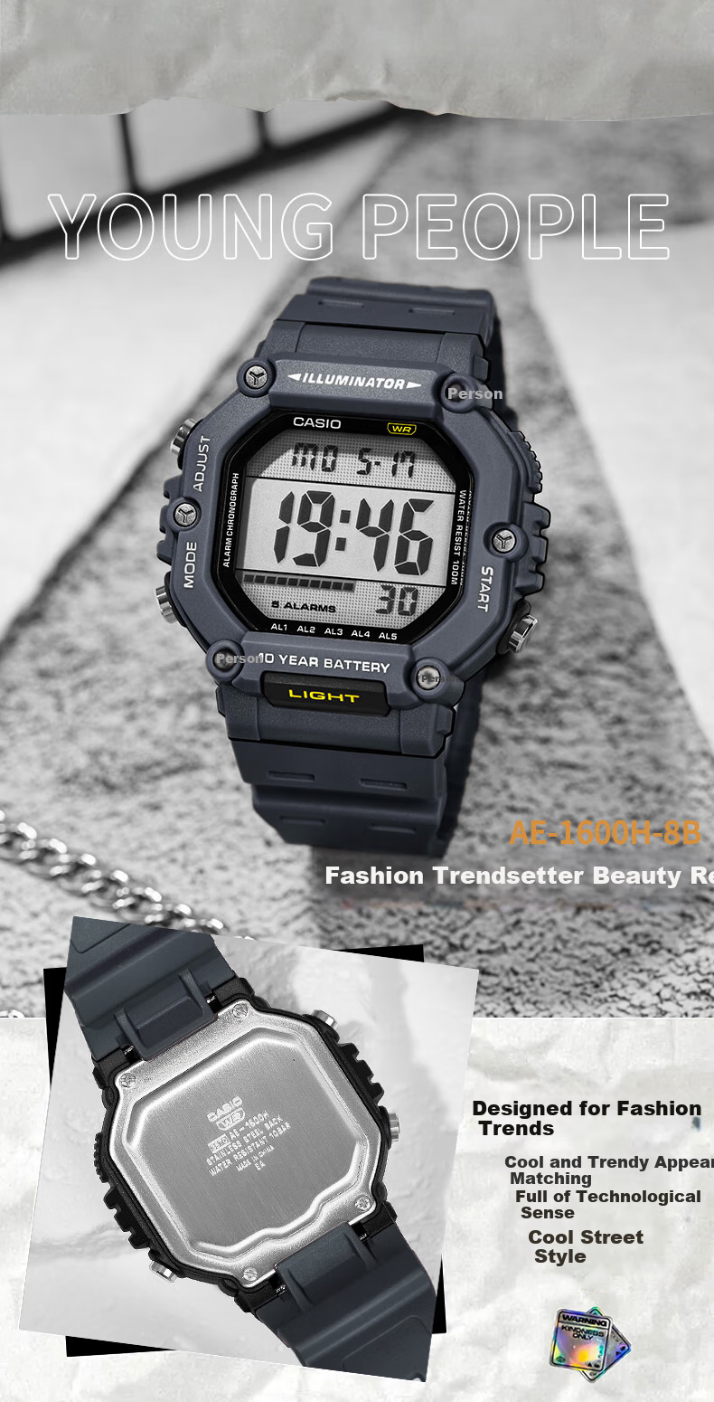 Casio Watch, Sports Square Dial, Retro Student Watch, WS-1400H 10