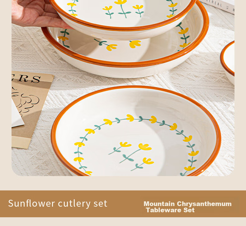 CERAMICS Underglaze Ceramic Bowl And Plate Set, Simple Home Dining Tableware Set, Mountain Chrysanthemum Pattern, 13-Piece Gift Box Set for Mid-Autumn Festival 3