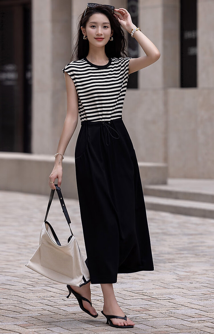 Dme [Striped Variations] Summer Design-Inspired Patchwork Waist-Adjustable Comfortable Slimming Midi Dress for Wome 9