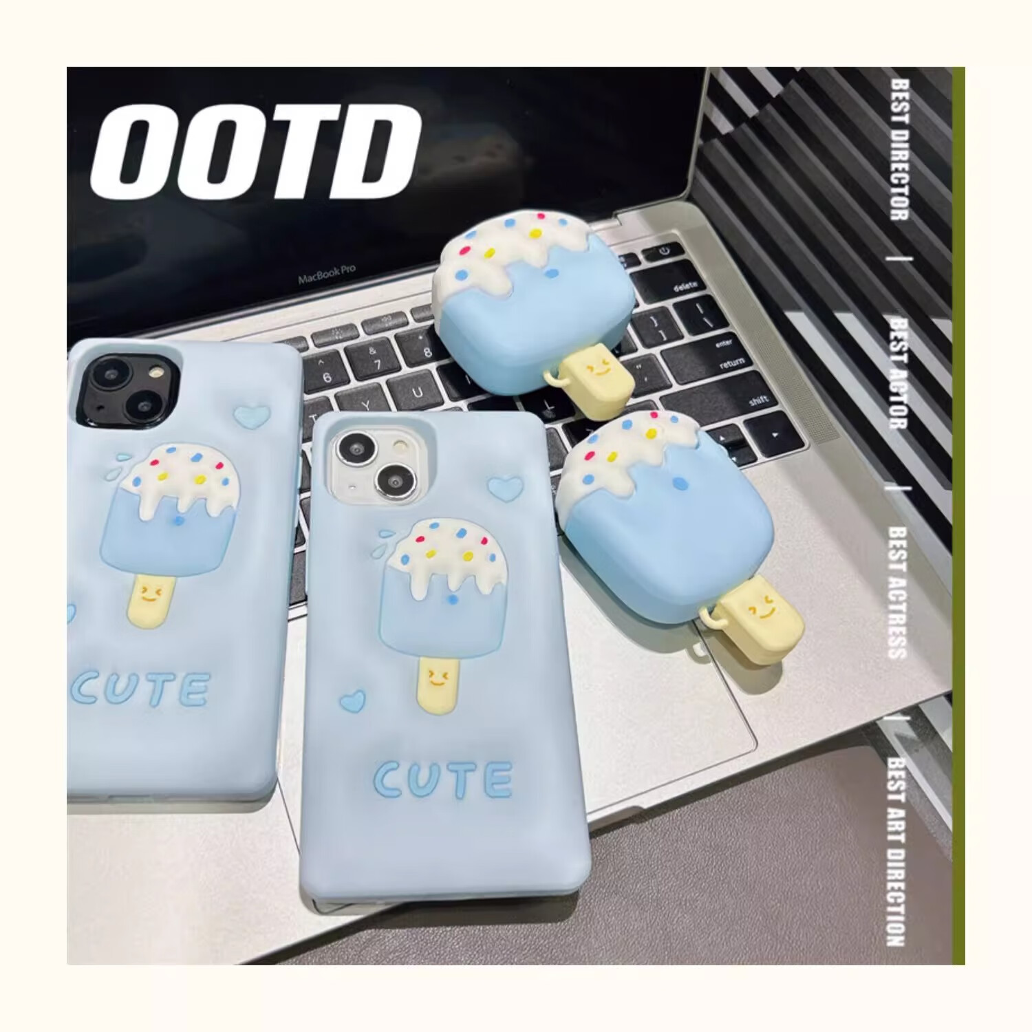 Beiyipin Summer Cool Ice Cream Shaped AirPods 1/2 Generation Protective Case, Apple Bluetooth Earphone Cover, Shockproof Full-Body Soft Case, Cartoon Ice Cream Pattern Trendy Protective Shell 1