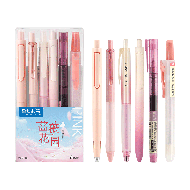 Dianshi Space Capsule Quick-Drying Retractable Gel Pen, Exam Writing Pen 348E, Student Test And Homework Stationery Set, Back-To Season, 0.5mm Pink Series, 6 Pens Set, Black Pen, Classic Series Combinatio